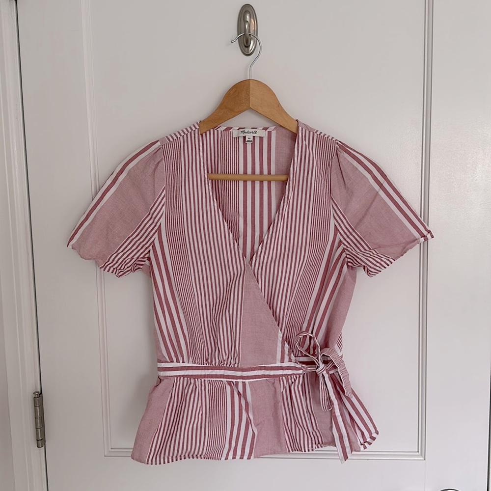 Madewell Pink & White Striped Wrap Shirt in Size XS